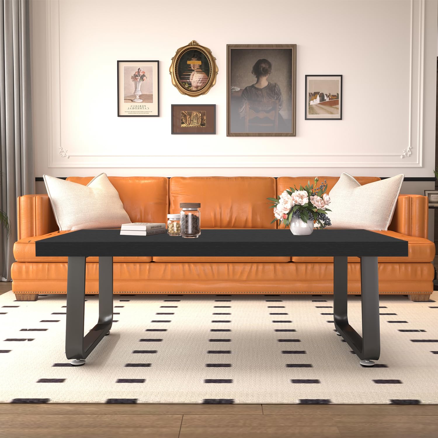 HSH Black Oak Coffee Table, 55D×100W×46.5H cm, Rustic Industrial Wooden Coffee Table for Living Room Bedroom Office