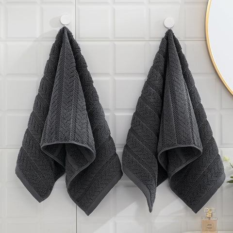 sense gnosis Grey Hand Towel Set of 2 Soft Ribbed Striped Jacquard Pattern 100% Cotton Absorbent Luxury Decorative Towel for Bathroom 13 x 29 Inch