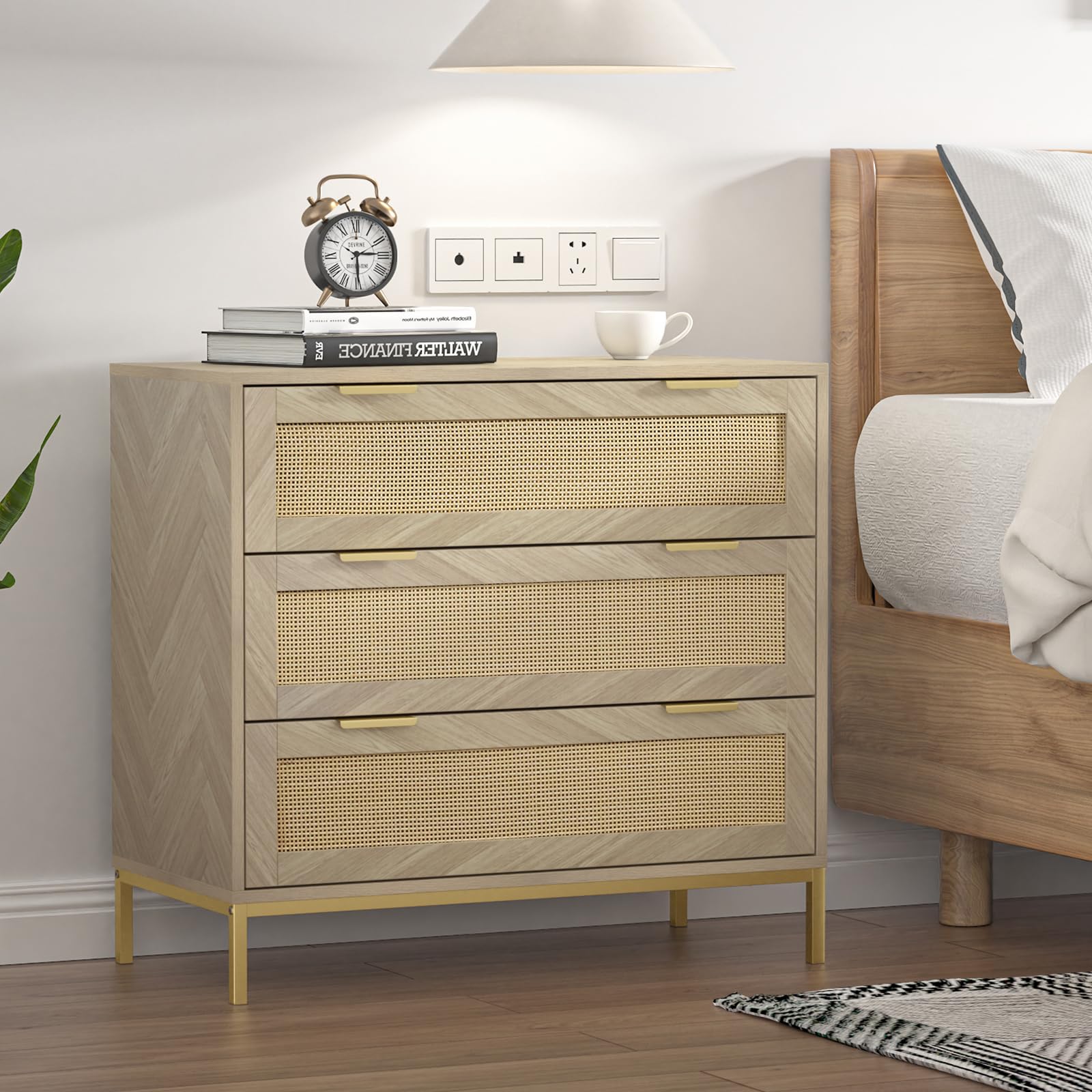 Yvsevnr Rattan Bedroom Dresser Chest of Drawers Anti-Tipping Wooden Herringbone Closet Dressers Large Nightstand Metal Handles Bedside Storage
