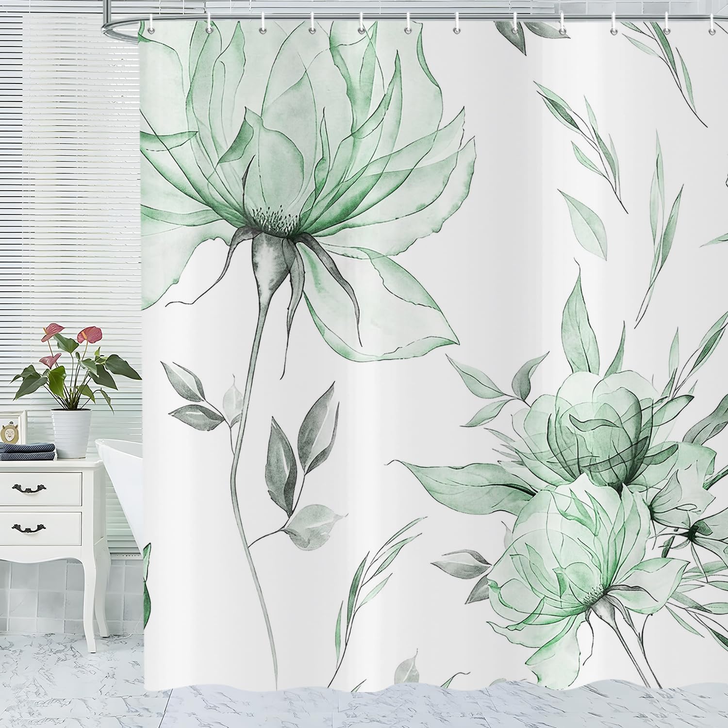 ASDCXZ Watercolor Floral Shower Curtain 180x200 cm, Ink Painting Style Green Flowers Leaves Spring Plants Waterproof Bath Curtain Polyester Textile