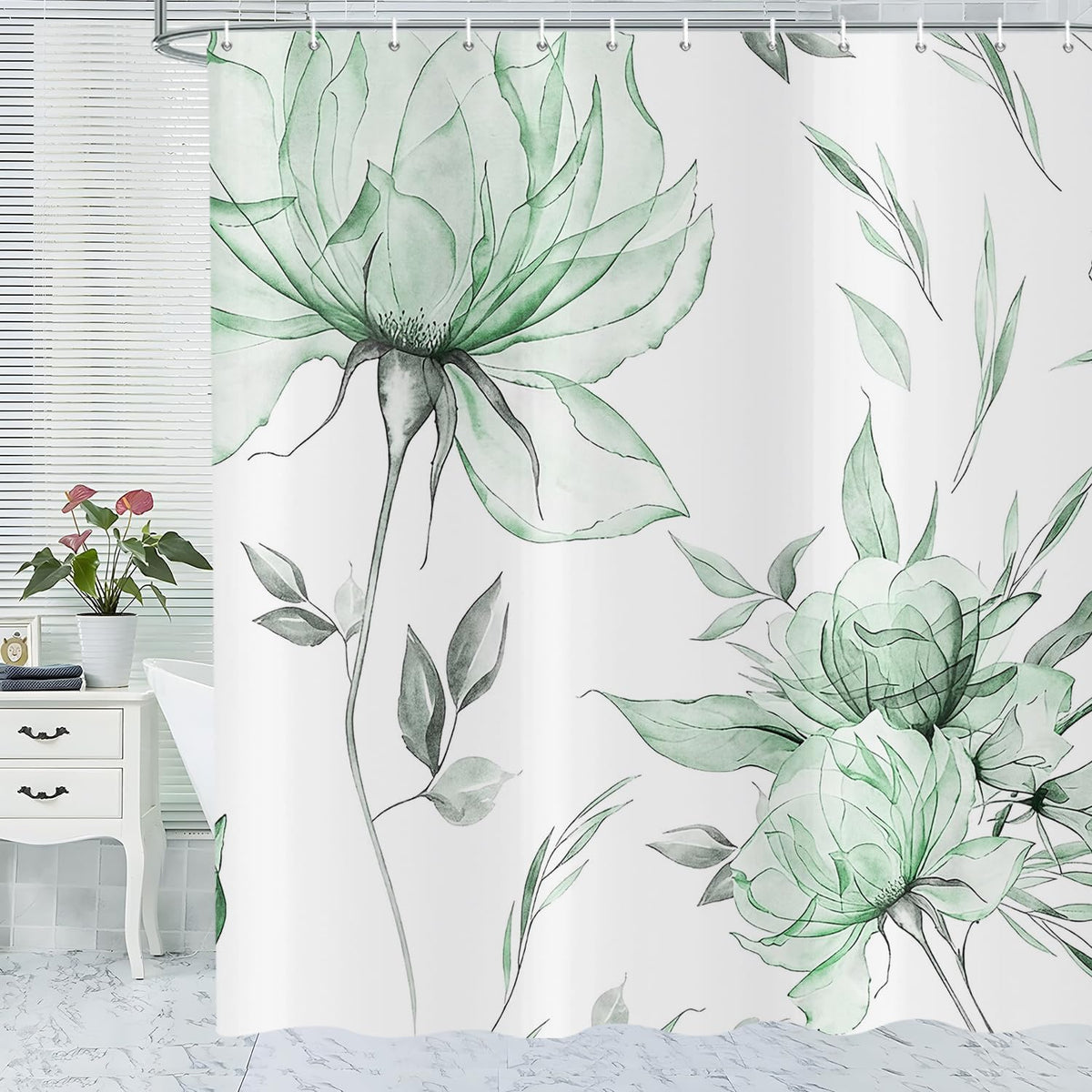 ASDCXZ Watercolor Floral Shower Curtain 180x200 cm, Ink Painting Style Green Flowers Leaves Spring Plants Waterproof Bath Curtain Polyester Textile