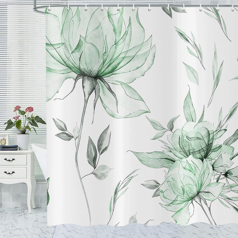 ASDCXZ Watercolor Floral Shower Curtain 180x200 cm, Ink Painting Style Green Flowers Leaves Spring Plants Waterproof Bath Curtain Polyester Textile