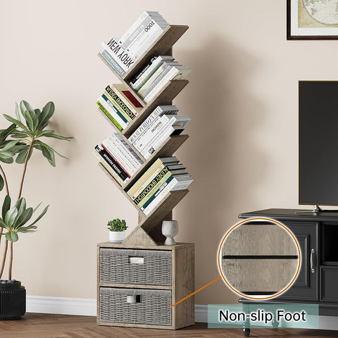 Vagusicc 6 Tier Tree Bookshelf, Modern Floor Standing Bookcase with Storage Drawer, Space Saving Storage Organizer Book Shelves for Books