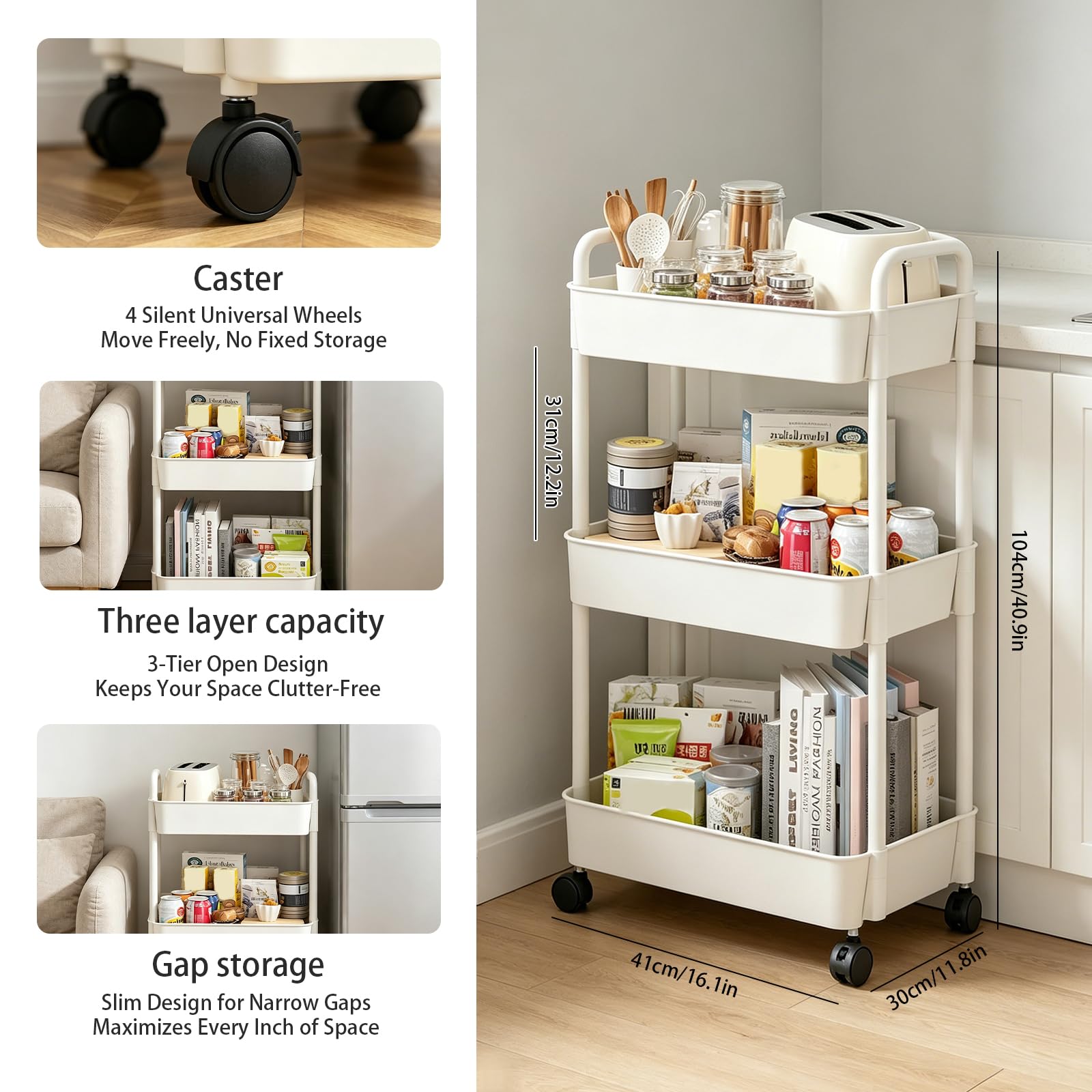 3-Tier Storage Trolley on Wheels, Metal & Plastic Kitchen Utility Cart with Handle – Slim Rolling Mobile Shelving Organiser for Bathroom, Office