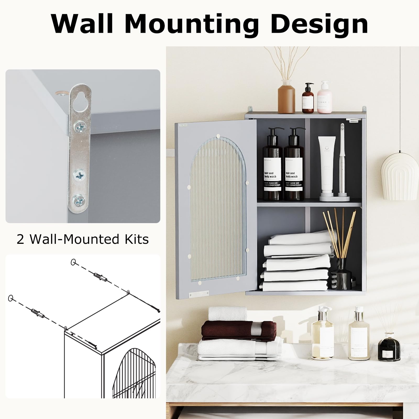RELAX4LIFE Bathroom Wall Cabinet, Wall-Mounted Storage Cupboard with Tempered Glass Door and Adjustable Shelf