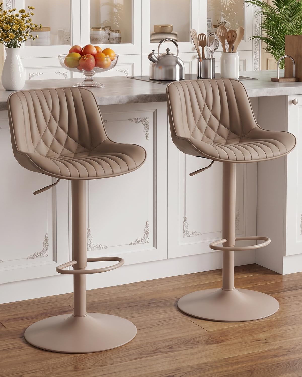 YOUTASTE Bar Stools Set of 2, Breakfast Bar Chairs with Back, PU Leather Kitchen stools, Swivel Height Adjustable Barstools, Modern (All Khaki)
