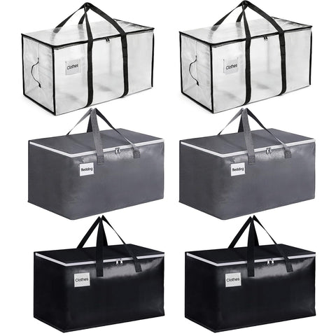 6 Pack Large Moving Bags, Foldable Storage Bags for Loft, Bedding, Clothes & Toys, Heavy Duty Packing Bags with Handles, Backpack Straps & Zippers
