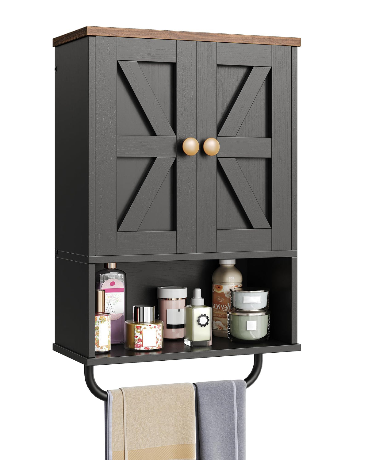 CHOEZON Bathroom Wall Cabinet, Medicine Cabinet with Open Partition and Towel Bar, Rustic Storage Cabinet with Open and Hidden Storage Space