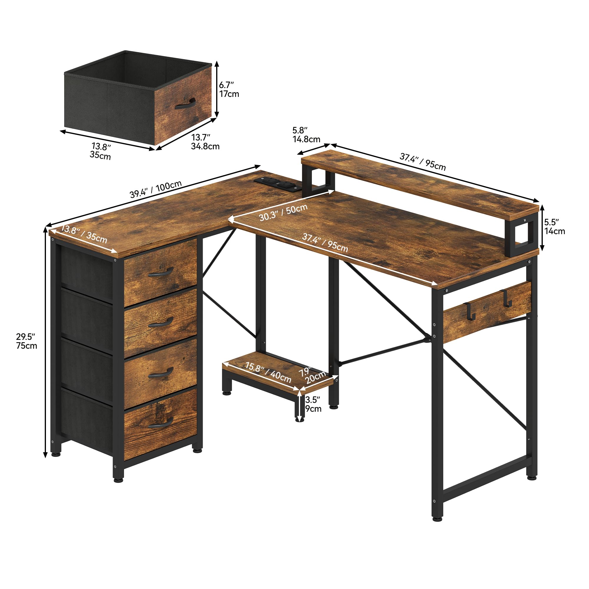 YITAHOME Computer Desk with Drawers L Shaped LED Power 130cm Vintage