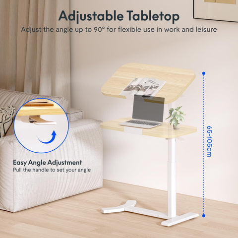 FLEXISPOT Overbed Table with Wheels, Adjustable Height Bedside Table, Rolling Laptop Desk for Bed Sofa, Small Standing Desk 75 x 40 cm