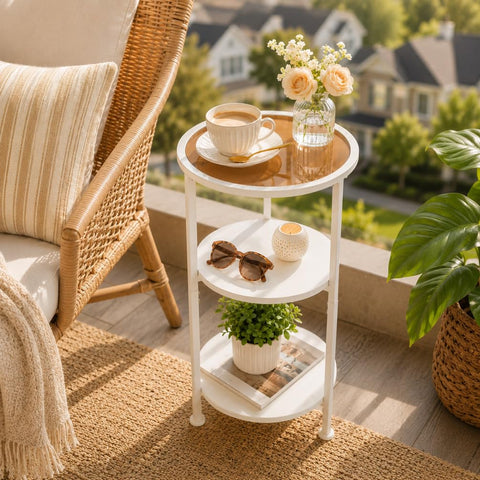 ZEXVIDA 3-Tier Round Side Table with Amber Tempered Glass Top,White & Amber