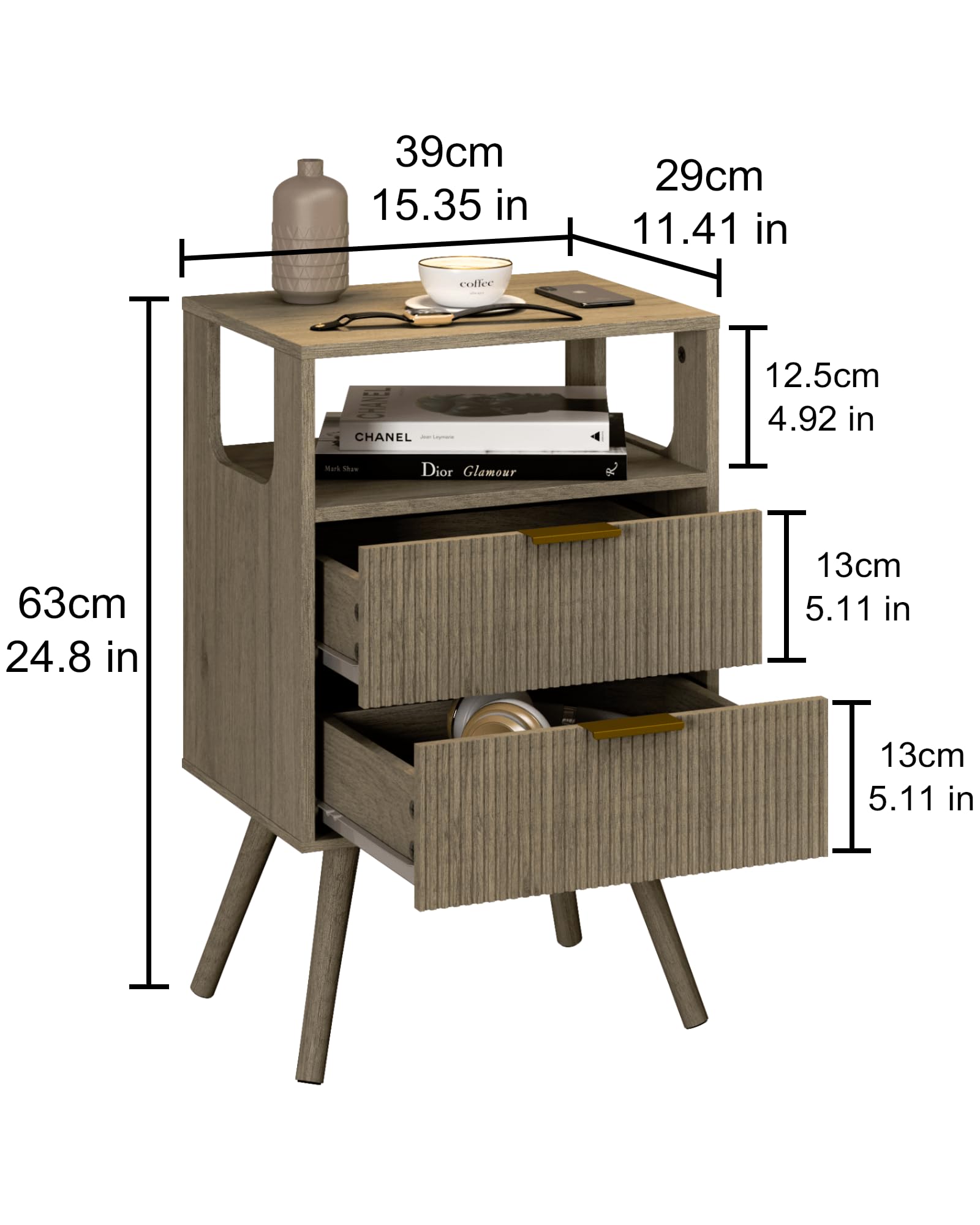 JERX Wooden Bedside Table, Nightstand with 2 Storage Drawer and Open Shelf Modern Bedside Cabinet for Bedroom,Grey Oak
