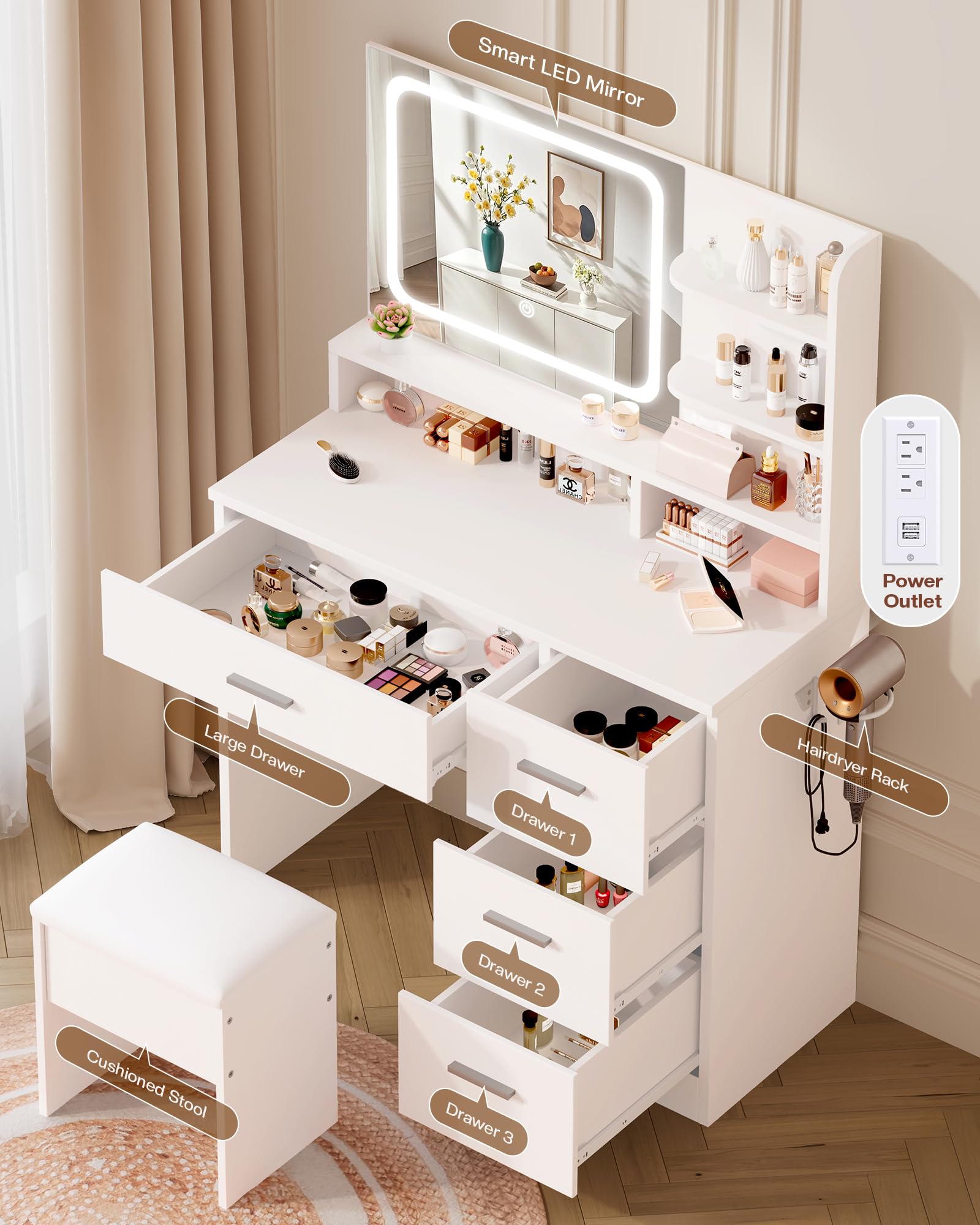 LIVELYGLOW Makeup Vanity Desk with Smart LED Mirror, Dressing Table with Power Outlet & Hairdryer Rack, 4 Drawers & Open Shelves