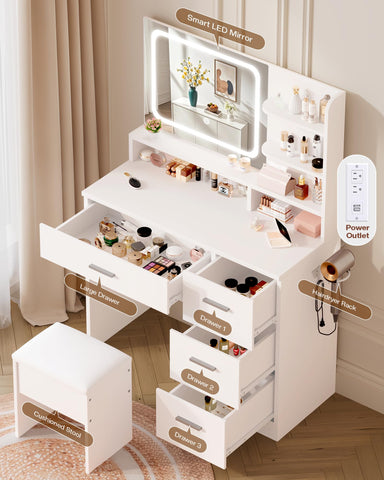 LIVELYGLOW Makeup Vanity Desk with Smart LED Mirror, Dressing Table with Power Outlet & Hairdryer Rack, 4 Drawers & Open Shelves