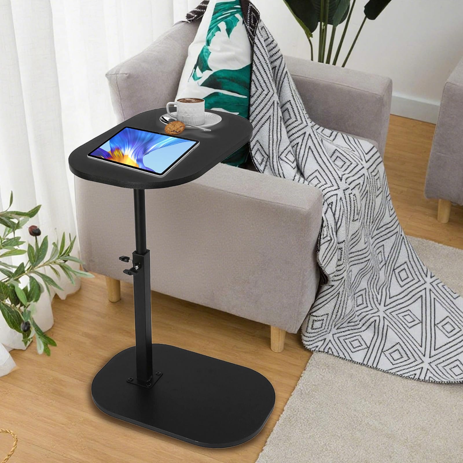 YYW C Shaped End Table, Adjustable Height with Wheels, Glossy Black (Glossy Black)