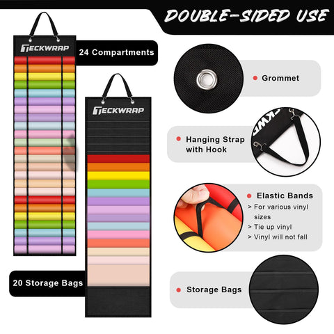 TECKWRAP vinyl Roll Holder, vinyl Roll Storage Organizer Black Double-sided Wall-mount with 44 Compartments Organizer Rack Bag Hanging Over Home Door