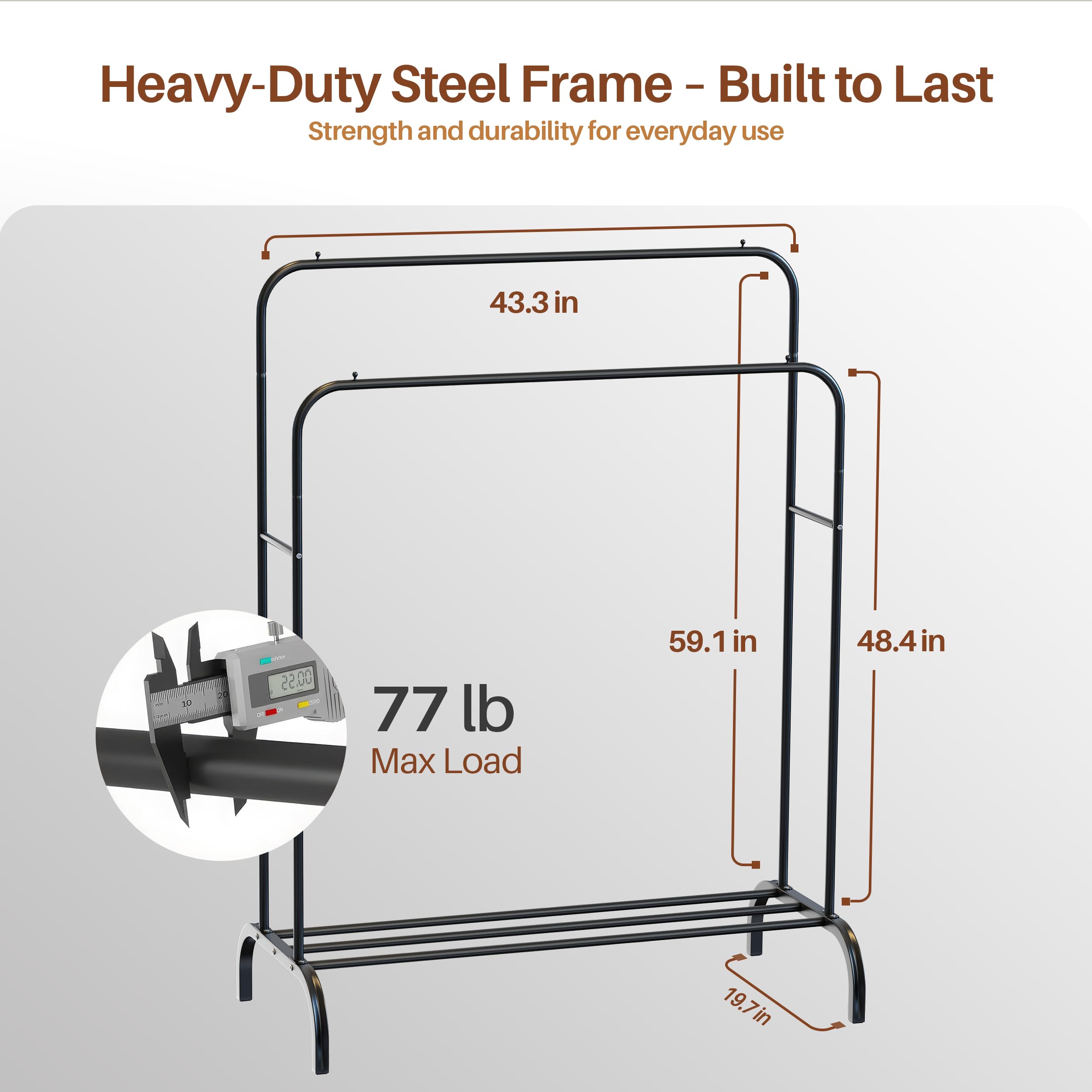 PORTENTUM Heavy duty clothes rail in steel – up to 35 kg – with double rail and shoe shelf – Clothing rack with non-slip feet