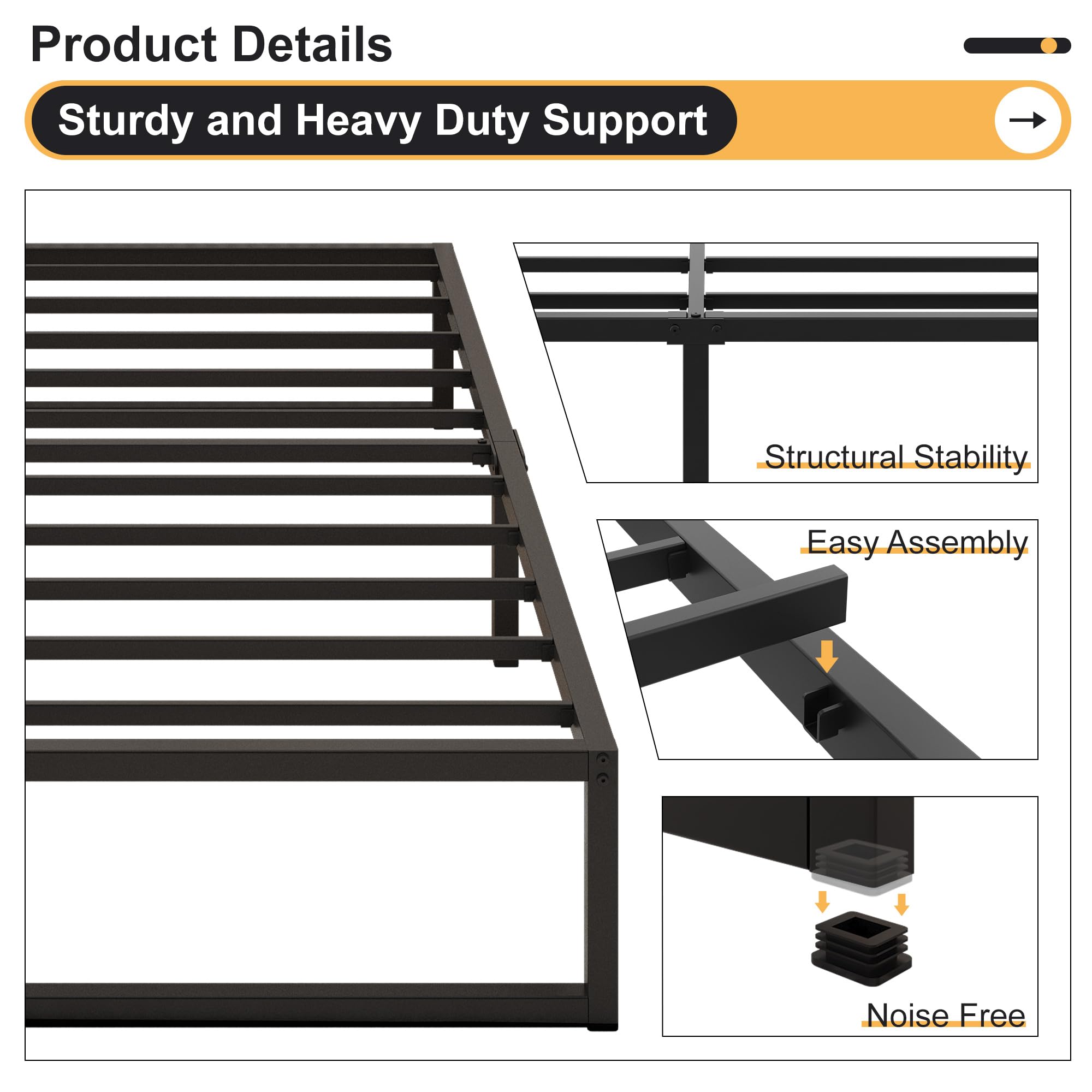 Yicensen Double Bed Frame 135x190 cm Metal Platform Bed Double, Noise Free