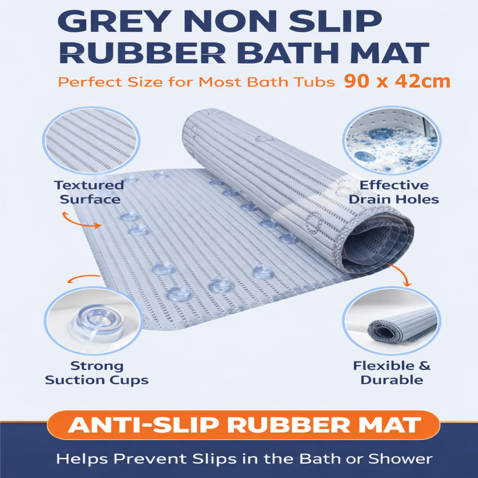 Non Slip Bath Mat Pvc Rubber With Secure Grip Suction Cups And Drain Holes Easy Clean Long Anti Mould Bathtub Mat 90cm x 42cm Ideal For Elderly Or