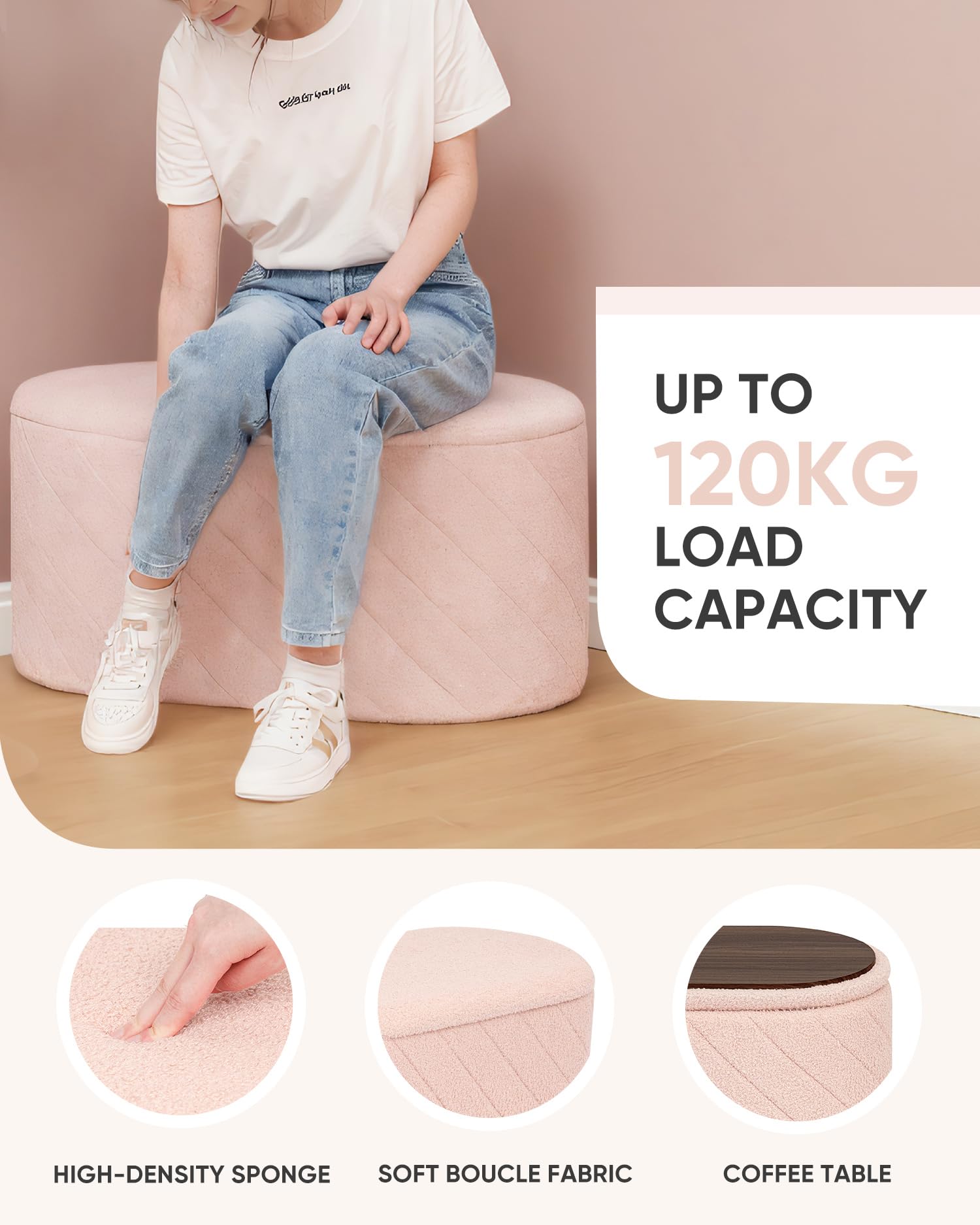 Bonlife Oval Ottoman Storage Bench, Folding Foot Rest with Lid, Boucle End of Bed Bench,Foostool for Living Room,Bedroom,Entryway,Pink,76x38x38cm