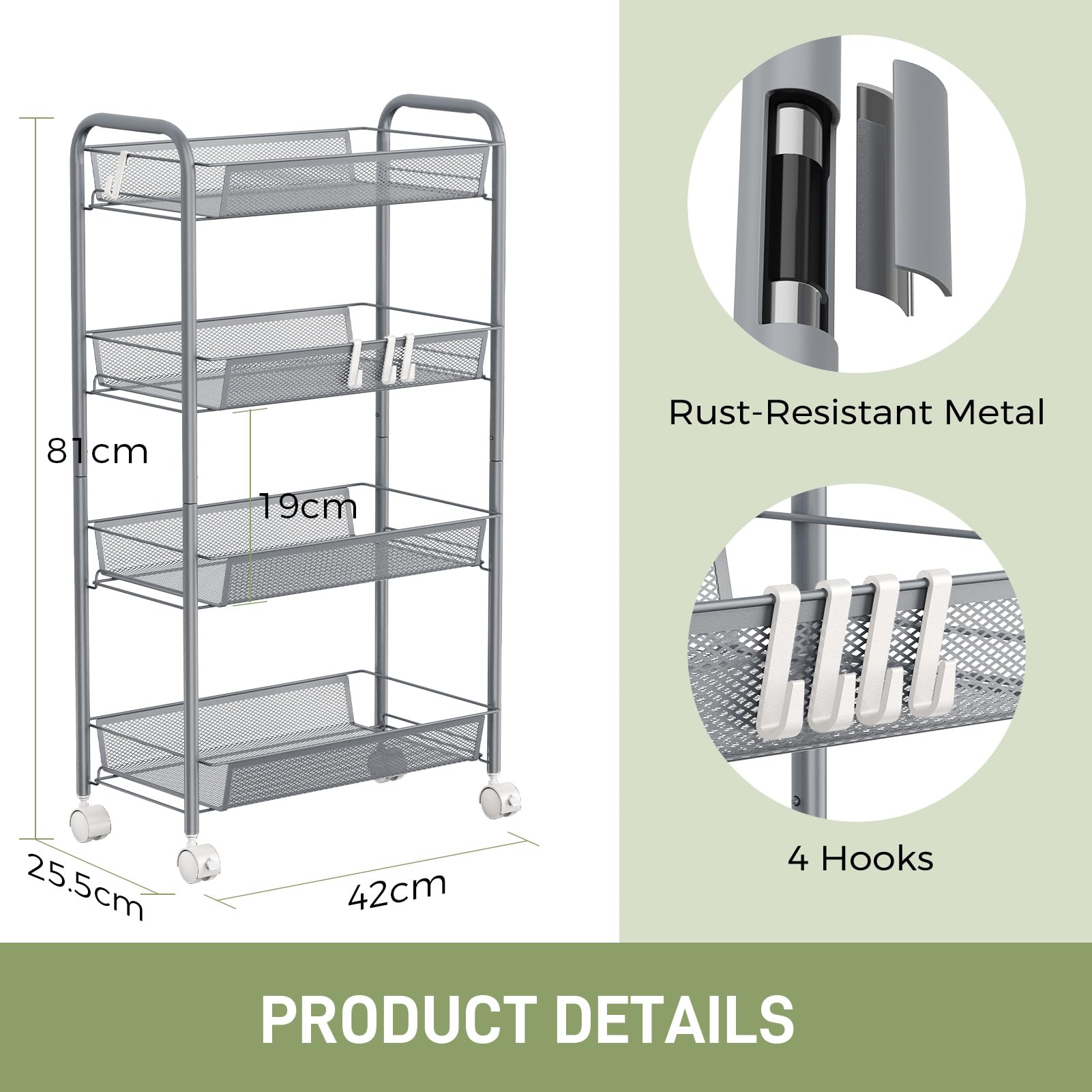 WELDUN 4-Tier Storage Trolley, Meatl Rolling Cart, Mesh Storage Cart Gray