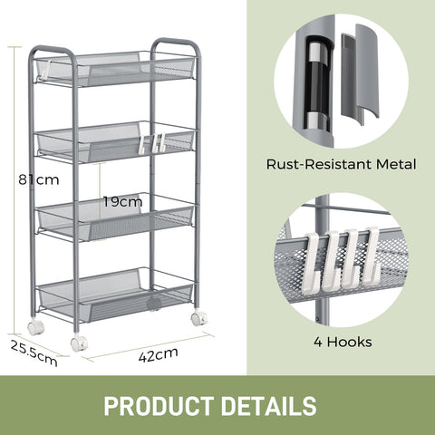 WELDUN 4-Tier Storage Trolley, Meatl Rolling Cart, Mesh Storage Cart Gray