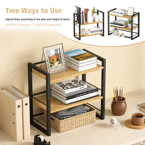 SunshineFace 2-Tier Desk Shelf Organizer, Small Bookcase for Desktop Storage, Wooden Bookshelf with Metal Frame for Office Supplies, Books