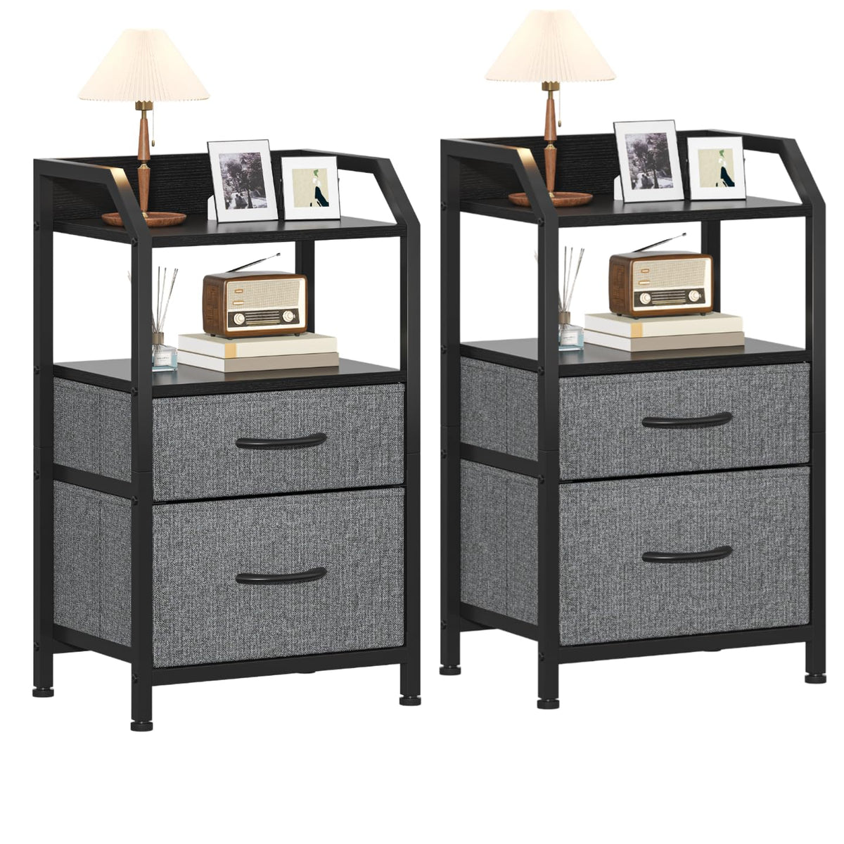 Feonase Set of 2 Bedside Table with 2 Fabric Drawers & Open Shelf - Sturdy Metal Frame Nightstand, Compact End Table for Bedroom, Living Room