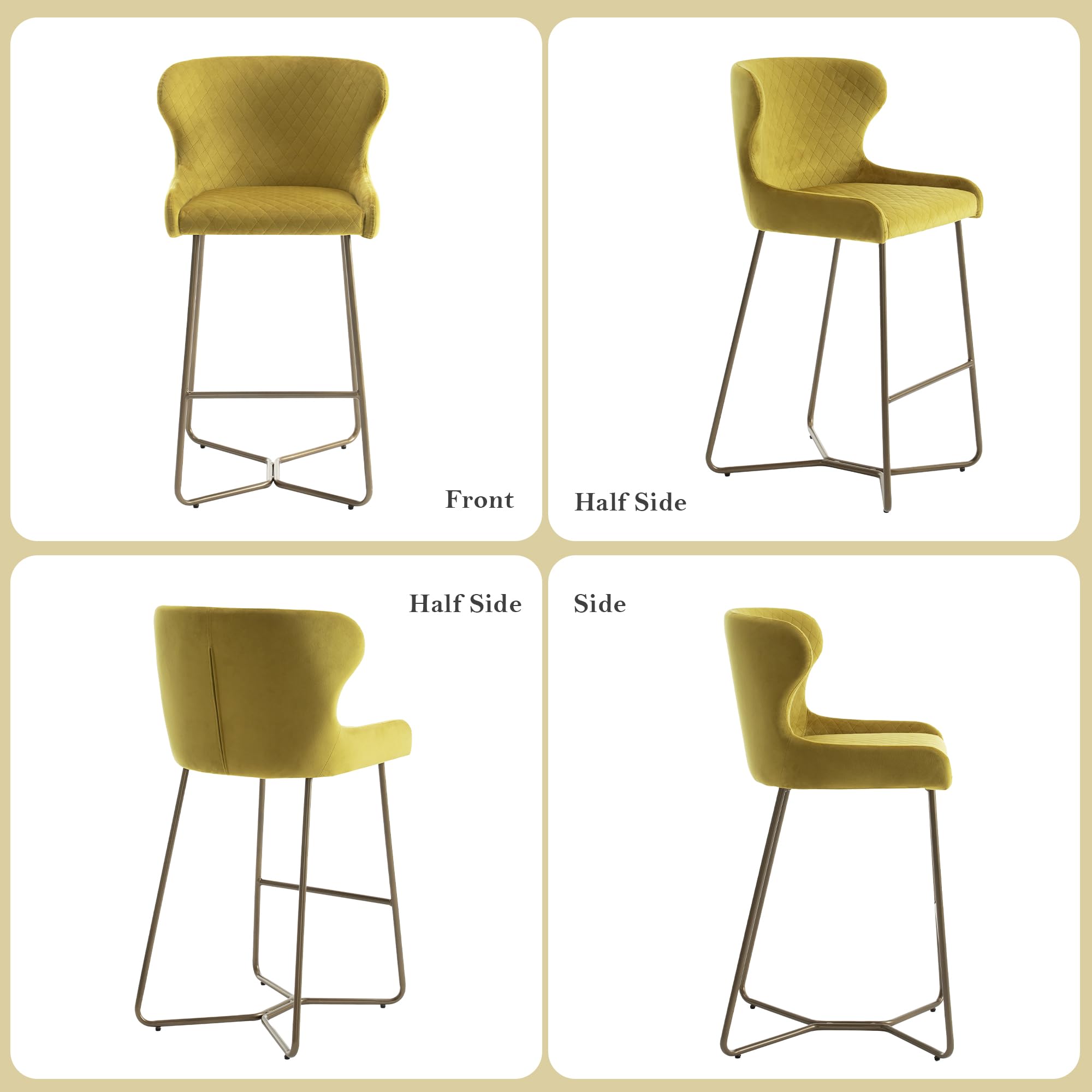 younturn Modern Velvet Bar Stools Set of 2, 70cm Seat Height Barstools with Quilted Backrest, Gold Metal Legs and Footrest, Stools for Kitchen Island