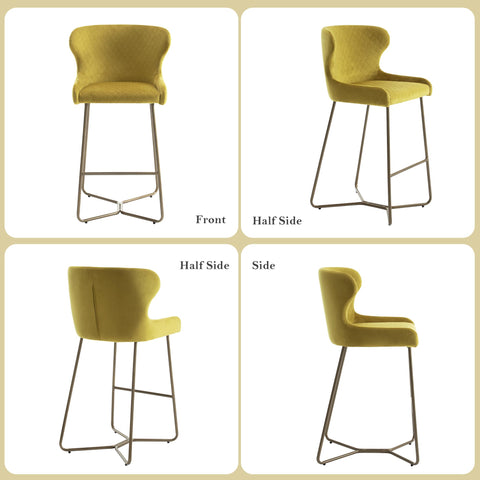 younturn Modern Velvet Bar Stools Set of 2, 70cm Seat Height Barstools with Quilted Backrest, Gold Metal Legs and Footrest, Stools for Kitchen Island