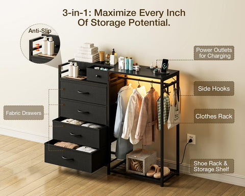Coleshome Chest of Drawers Bedroom with Hanging Rail, 110x30x106cm, Black