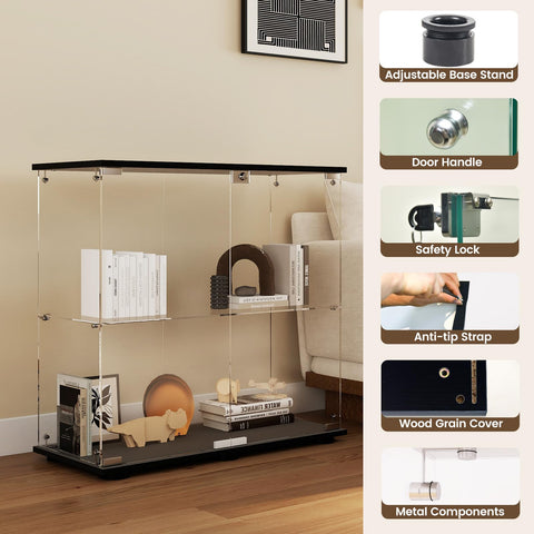 Beauty4U 2-Shelf Double Door Glass Display Cabinet, 83cm Tall, Black