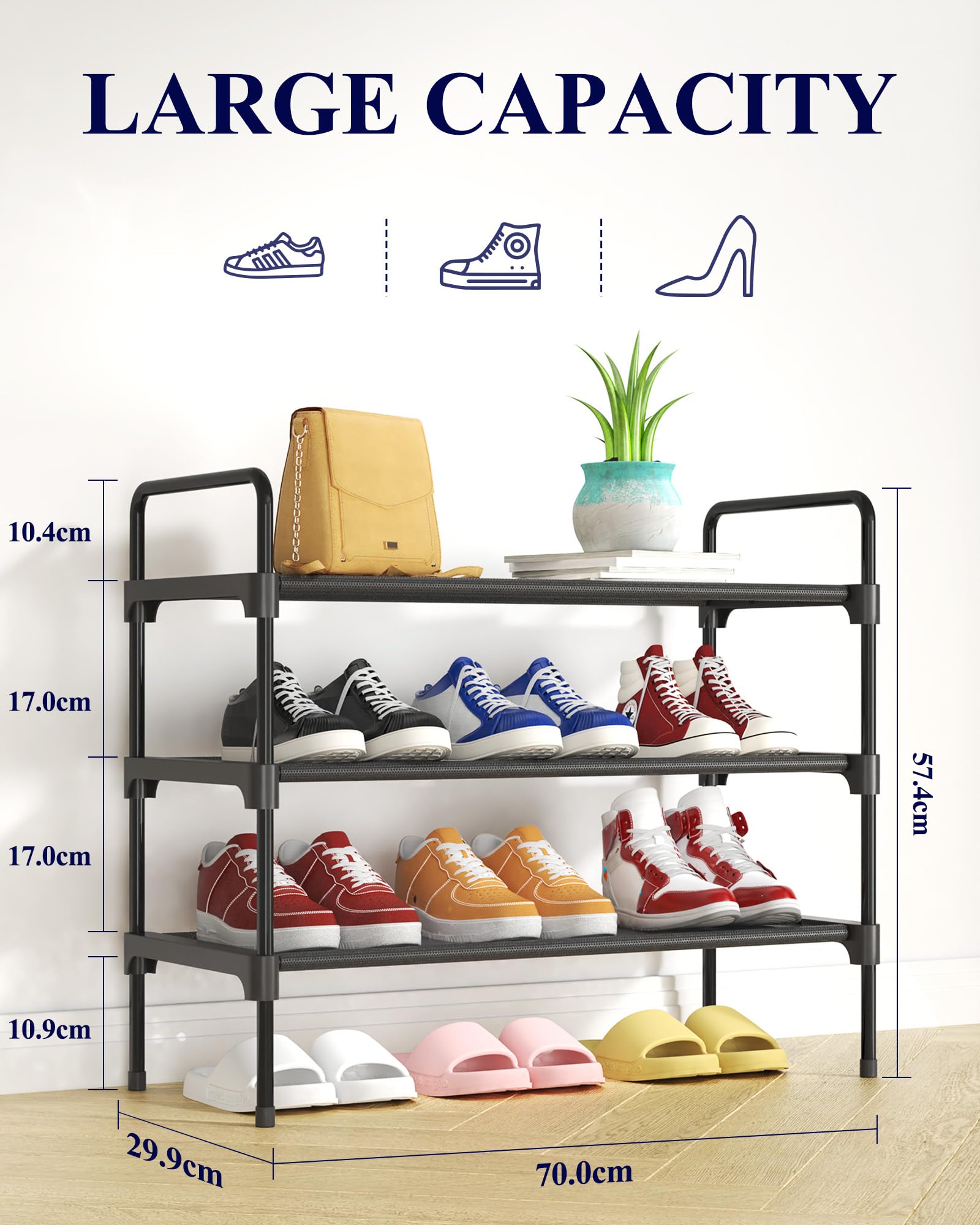 Kitsure Space-Saving Shoe Rack for Closet, 70.0 cm Wide - 3 Tiers, Black