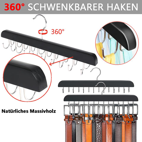 Tie Belt Rack, 1 Pack Belt Storage 360° Rotating Wooden Tie Holder Belt Hanger with 14 Hooks Hanger Hooks for Scarves, Ties, Belts, Wardrobe Organiser