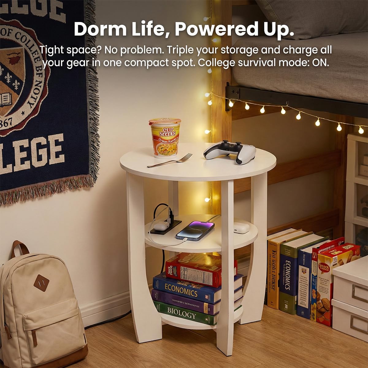ZEXVIDA 3 Tier Round Side Table with Charging Station, Farmhouse Wood End Tables with Storage