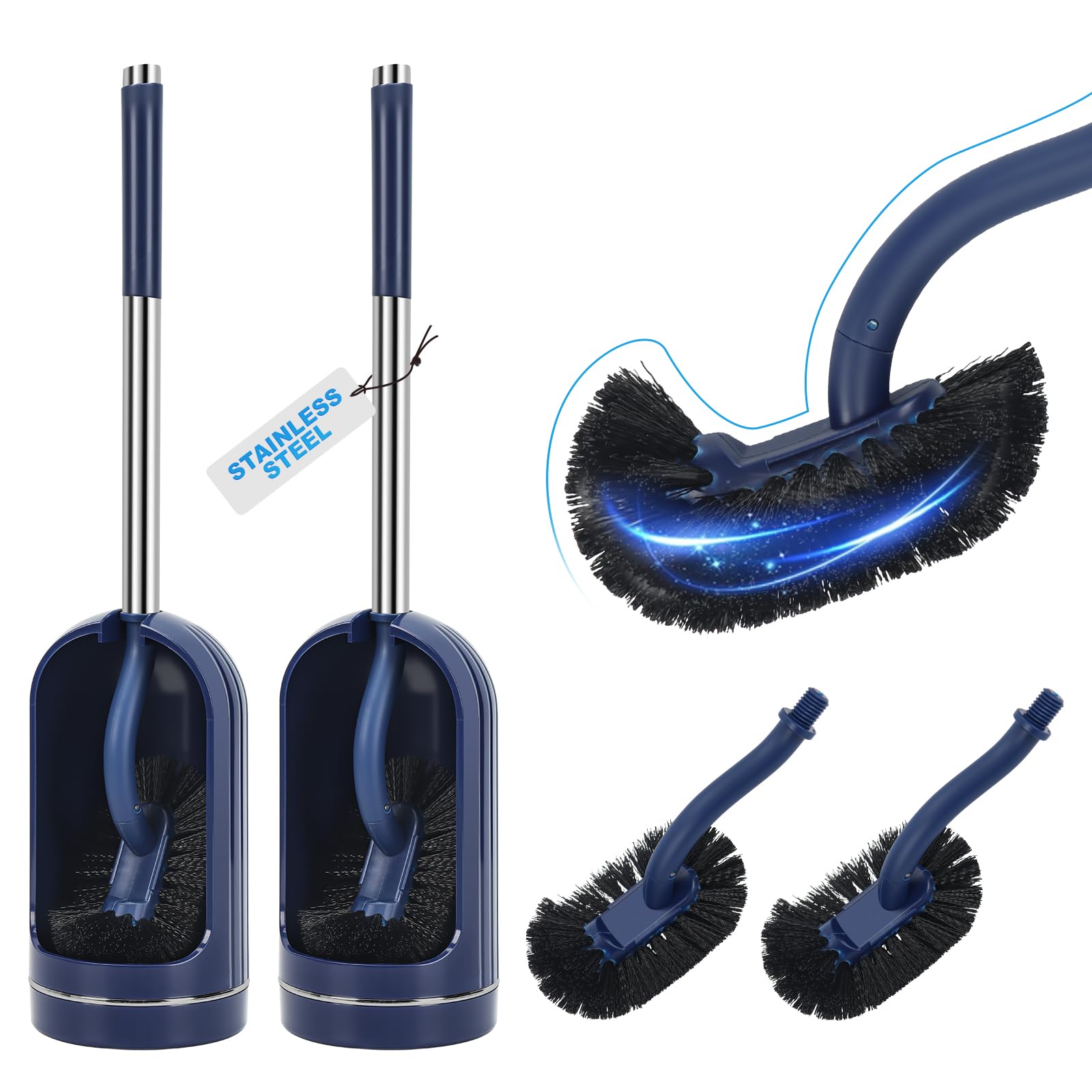 2 Pack Toilet Brush and Holder Set, Curved, Replacement Heads Navy Blue