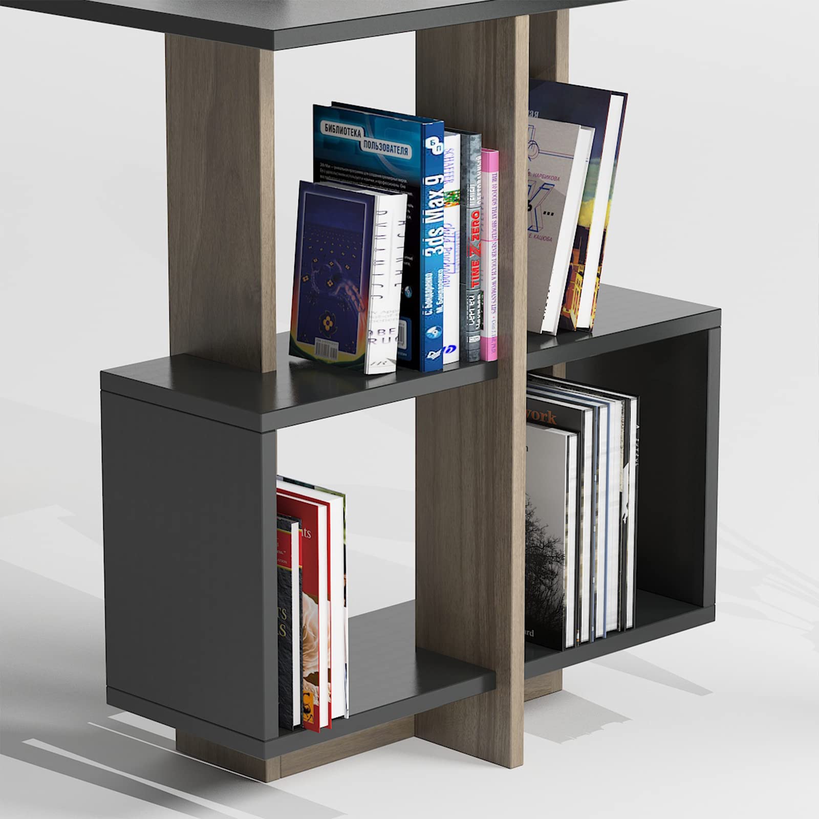 DEMANZE Writing Computer Desk, Home Office Study Desk with Space-Saving Bookshelf, Corner Laptop Pc Table with Storage Shelves