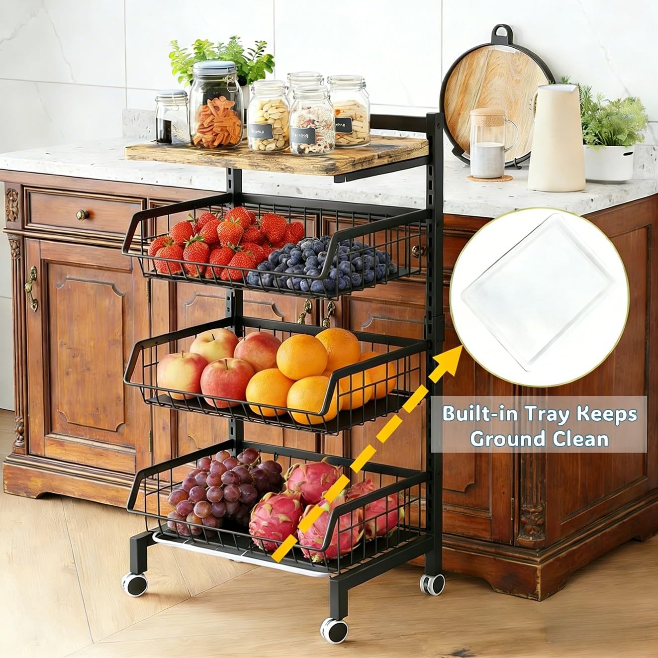 Metal Wire Adjustable Fruit Vegetable Basket on Wheels, 4-Tier Rolling Kitchen Utility Cart Storage Organizer with Wooden Top