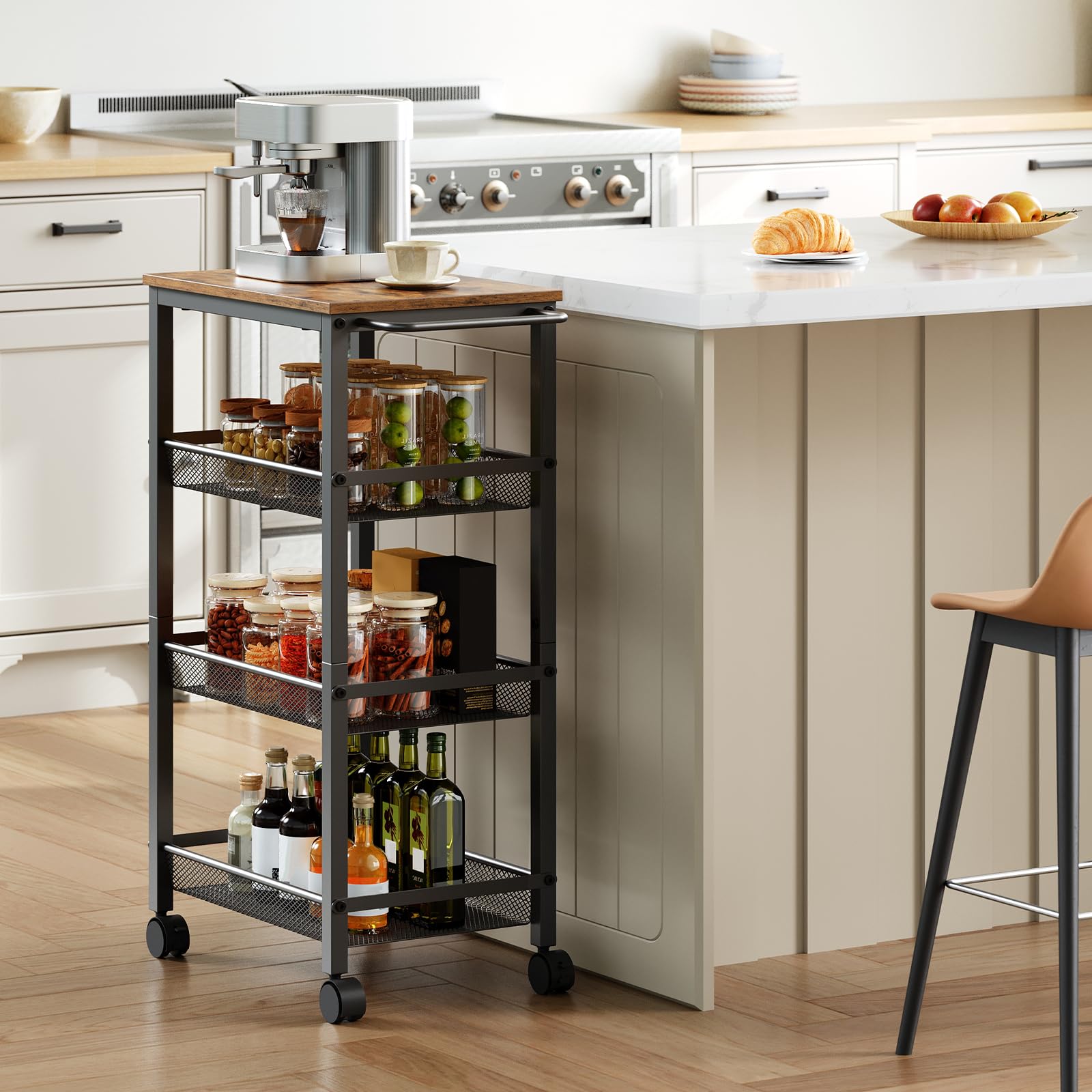 HOOBRO 4-Tier Serving Trolley with Wheels and Adjustable Feet, Rolling Trolley, Narrow Storage Trolley, Bar Cart, for Kitchen, Lounge, Dining Room