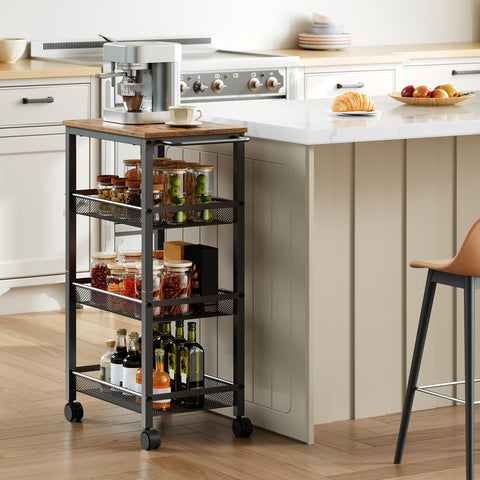 HOOBRO 4-Tier Serving Trolley with Wheels and Adjustable Feet, Rolling Trolley, Narrow Storage Trolley, Bar Cart, for Kitchen, Lounge, Dining Room