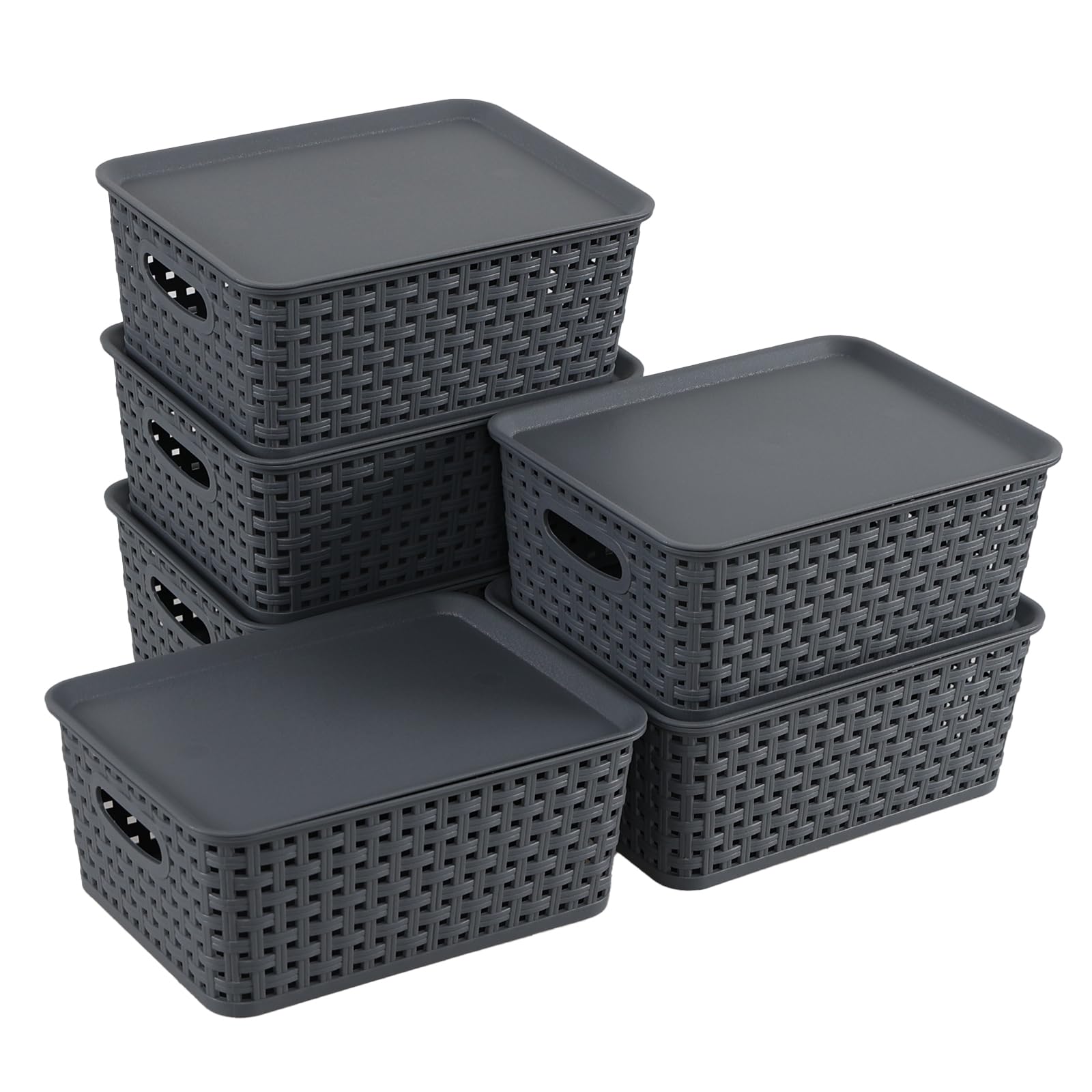 Jnktka Set of 6 Plastic Kitchen Cupboard Storage Baskets with Lids, Gray
