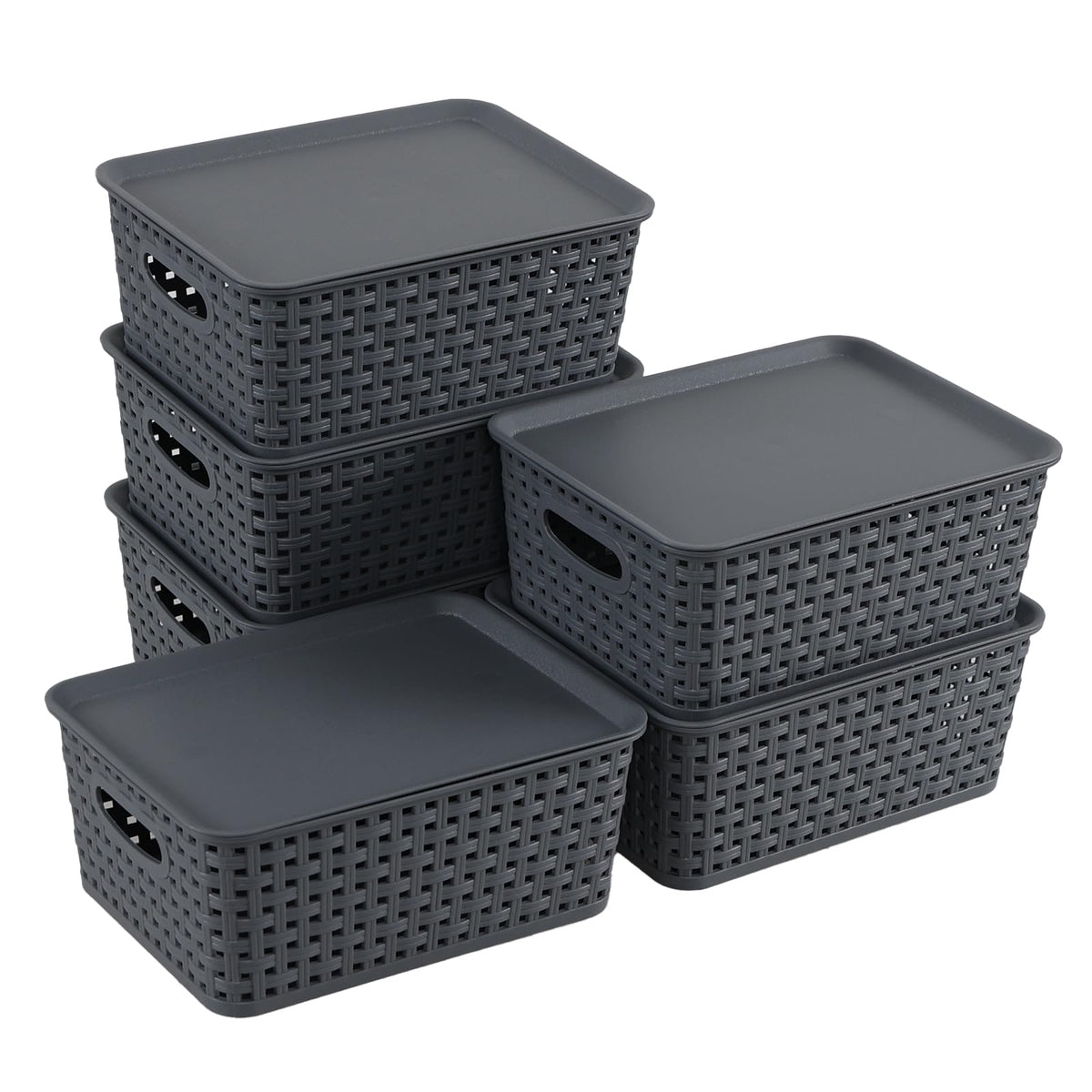 Jnktka Set of 6 Plastic Kitchen Cupboard Storage Baskets with Lids, Gray