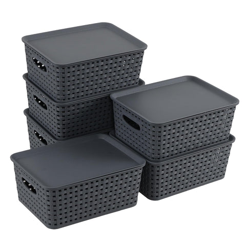 Jnktka Set of 6 Plastic Kitchen Cupboard Storage Baskets with Lids, Gray