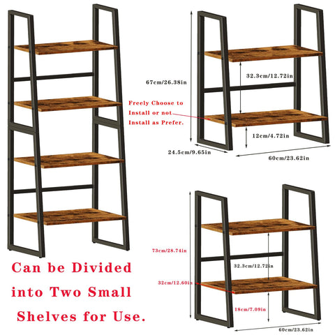 OYE 4 Tier Ladder Shelf, 2 in 1 Industrial Storage Rack Leaning Bookshelf for Living Room, Bedroom, Kitchen, Space Saving Small Book Shelf