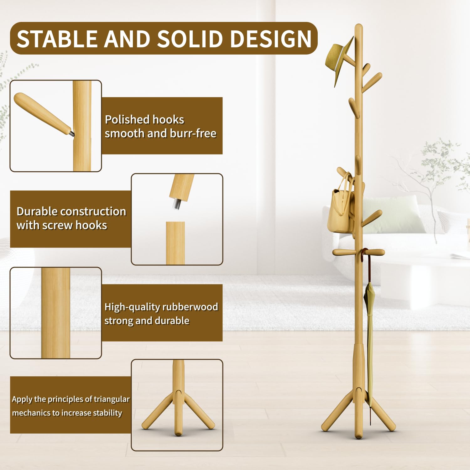 Solid Wood Coat Rack, Freestanding Tree-Shaped Coat Rack with 11 Hooks, Main Pole 1.6" dia for Clothes, Hat Stand Used in Bedroom/Office/Entryway