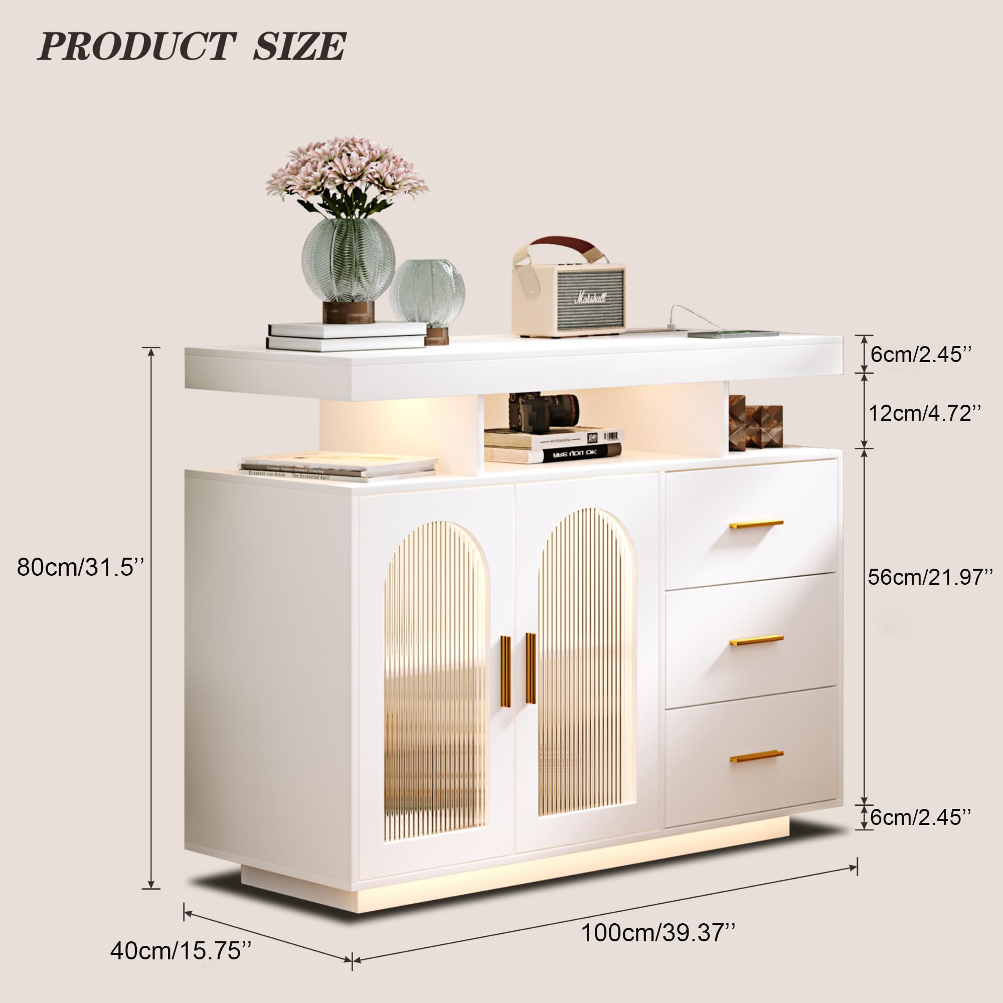 FREDEES Sideboard Buffet Cabinet with 3 Drawers and LED Lights, White