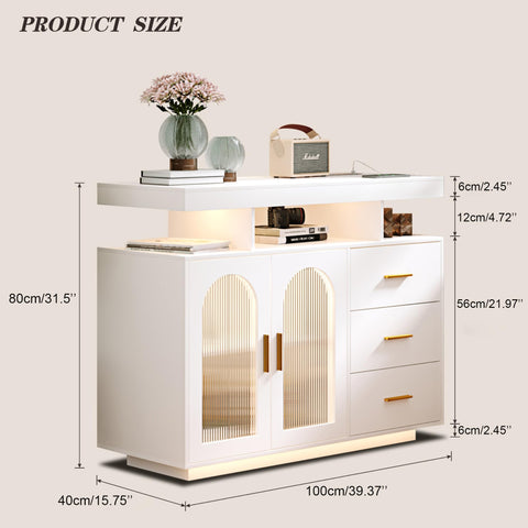 FREDEES Sideboard Buffet Cabinet with 3 Drawers and LED Lights, White