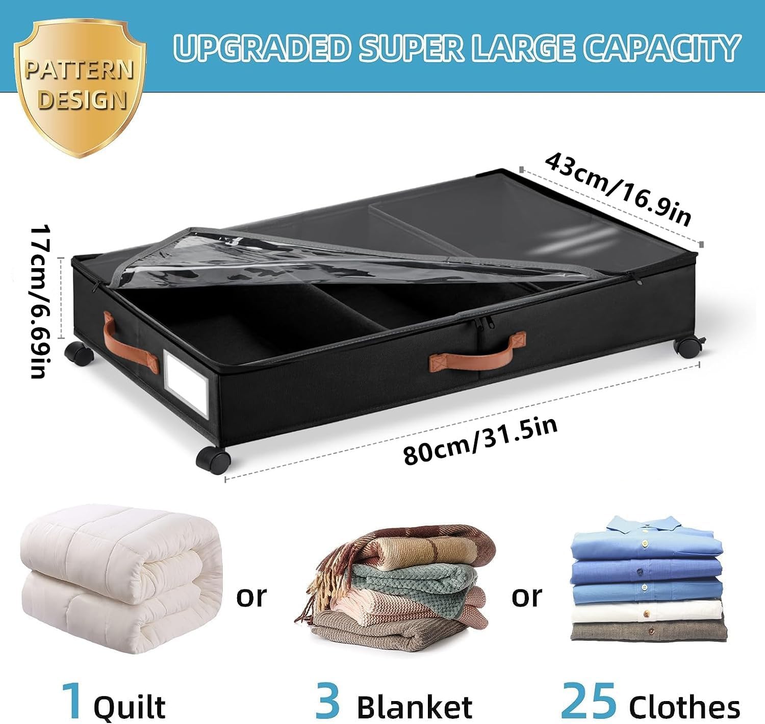 ETOFIXEE Pack of 2 Underbed Storage Boxes with Wheels, 360° Rotation and Viewing Window Lid, Metal Frame, Underbed Storage Bag, Clothes Storage