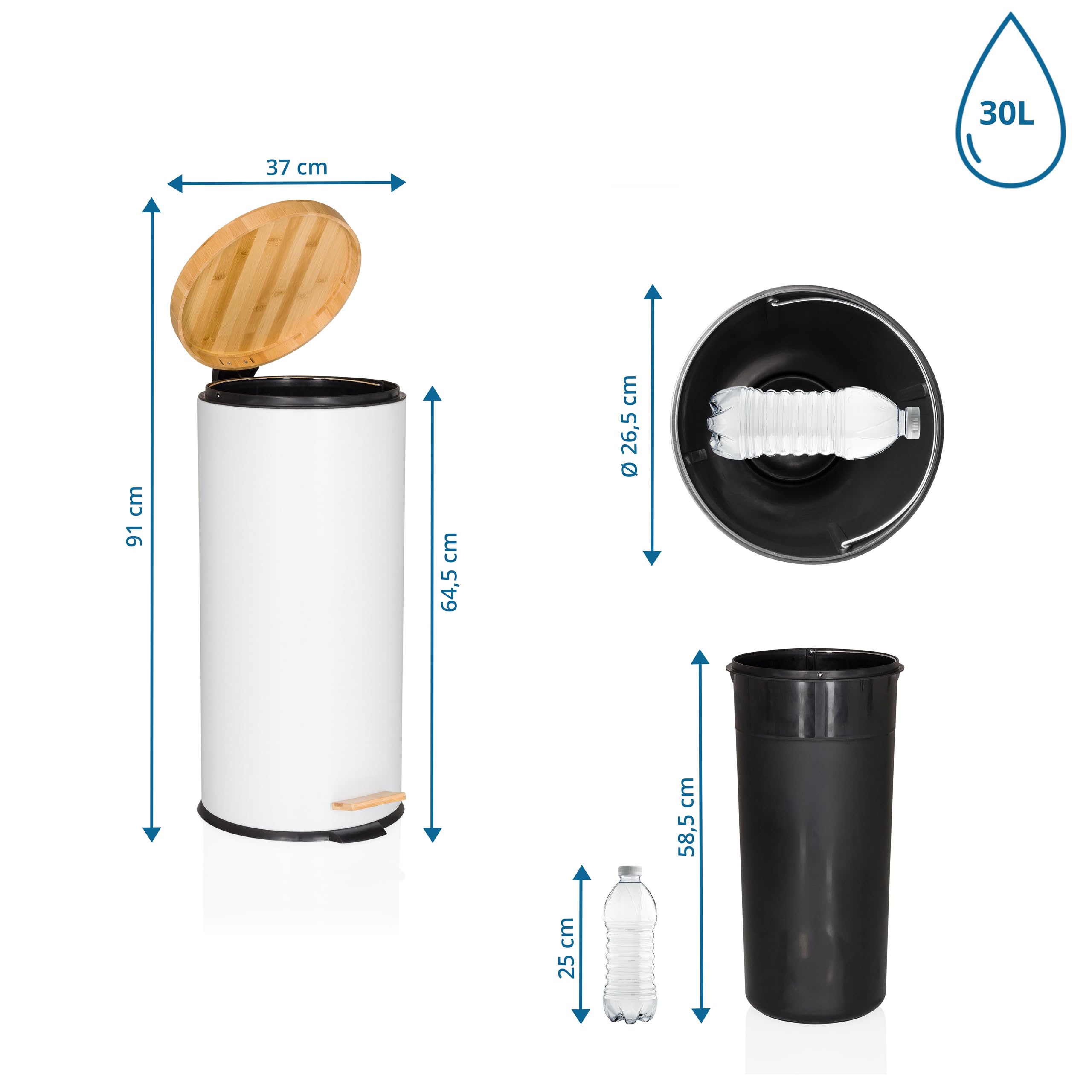 hjh OFFICE waste garbage can 30 liters, pedal bin with bamboo lid, softclose CLEAN BAMBOO metal waste garbage can with inner bin, white matt