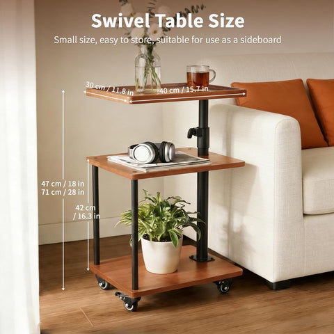 Bingyouth Side Table with Wheels, Adjustable Sofa Table with 360° Swivel Raised-Edge Top, 3 Tier Solid Wood Bedside Table for Living Room or Bedroom